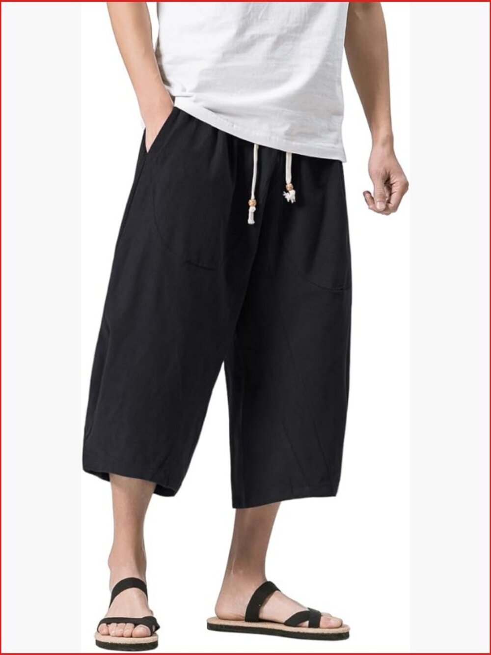 Men's Linen Cotton Capri Pants Elastic Waist Wide Leg Baggy Harem Pants